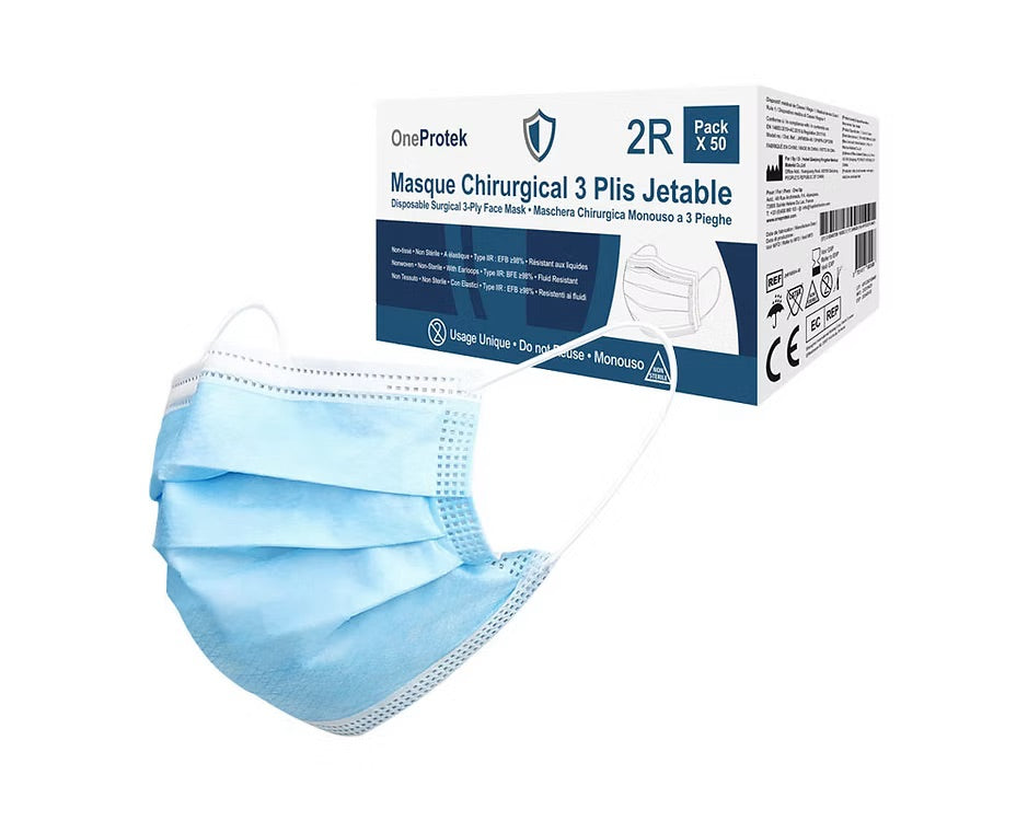 OneProtek - Boîte de 2000 Masques Médicaux 3 Plis Type IIR - Non-tissé à Usage Unique