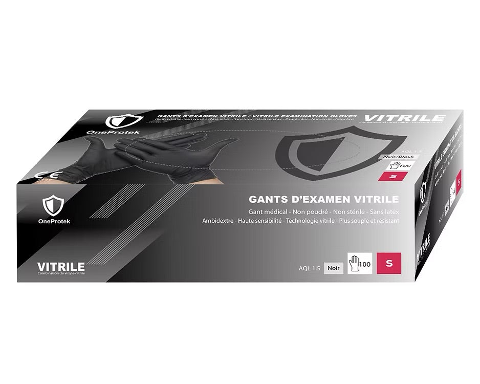 OneProtek - Boîte de 1000 Gants d'examen Vitrile - Taille S - Noir