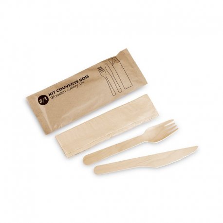 Kit couverts bois 3/1 – Fourchette, couteau, serviette – 250 pcs